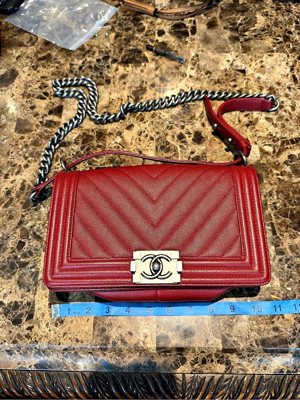 Chanel Boy Flap Bag Chevron Caviar Medium Shoulder Bag Red
